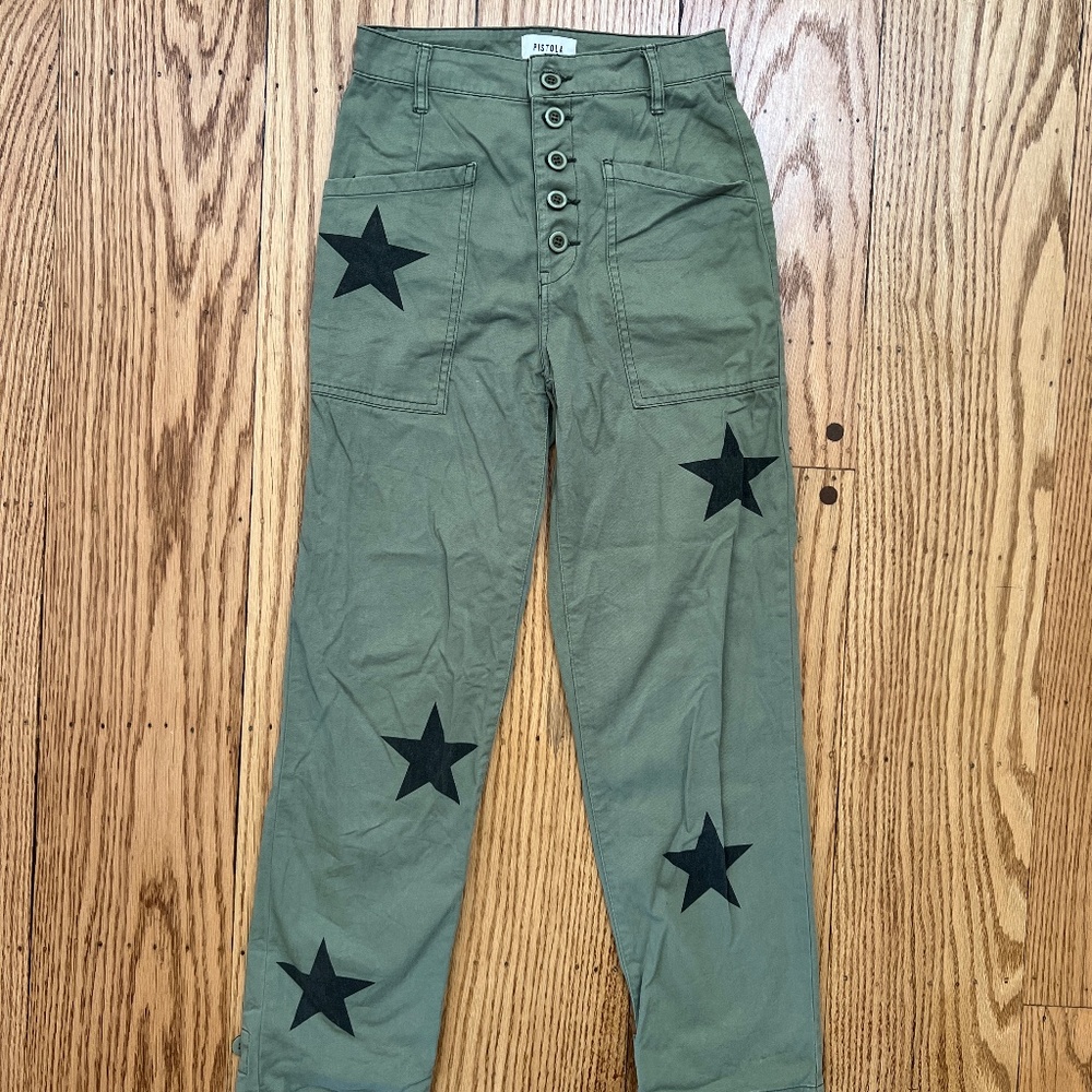 Pistola Anthropologie Utility Olive Green Star Pants Size 24